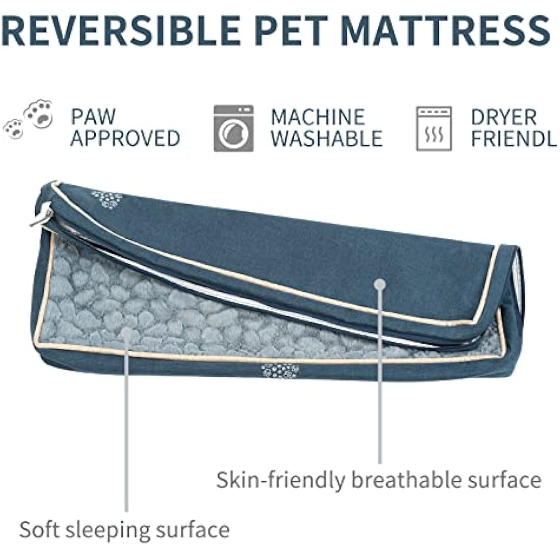 VANKEAN Waterproof Dog Bed Mat Reversible (Warm and Cool) with Removable Machine Washable Cover, Dog Bed Matterss for Crate, Dog crate mat, Dog Pad Pet Bed for Small to Large Dogs, Navy/Grey