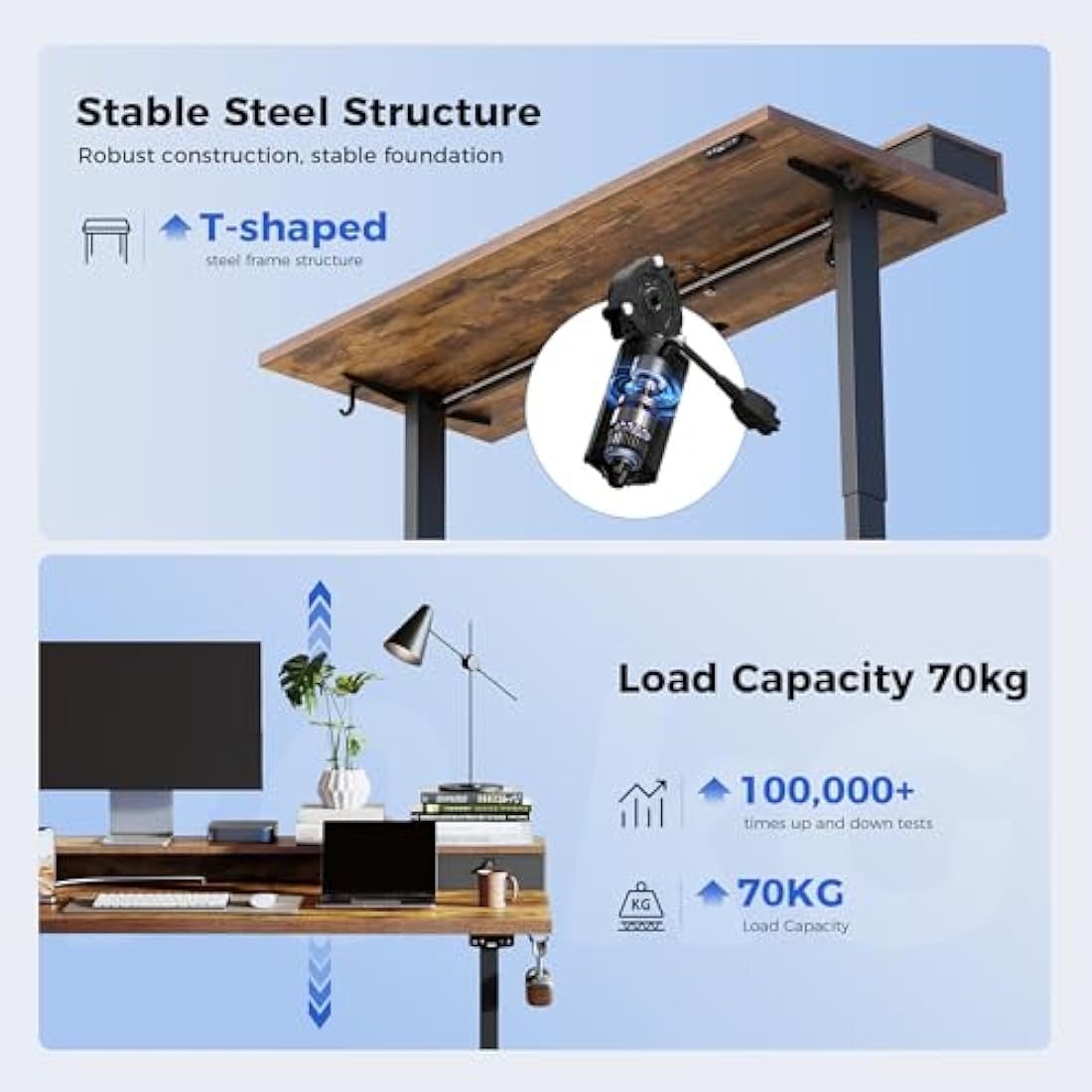 Agilestic Electric Adjustable Height Desk with 2 Drawers, 120 x 60 cm, Stable Sit-Stand Desk with Memory Control, Ergonomic Computer Desk, Brown