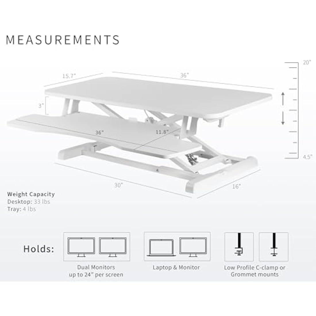 VIVO 91 cm Desk Converter, K Series, Height Adjustable Sit to Stand Riser, Dual Monitor and Laptop Workstation with Wide Keyboard Tray, White, DESK-V036KW