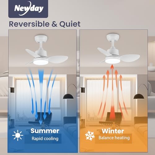Newday 24inch Small White Ceiling Fan with Light and Remote Control, Diammable LED Lights, 3 Blades, Quiet DC Motor 6 Speeds Memory Function for Bedroom Living Room