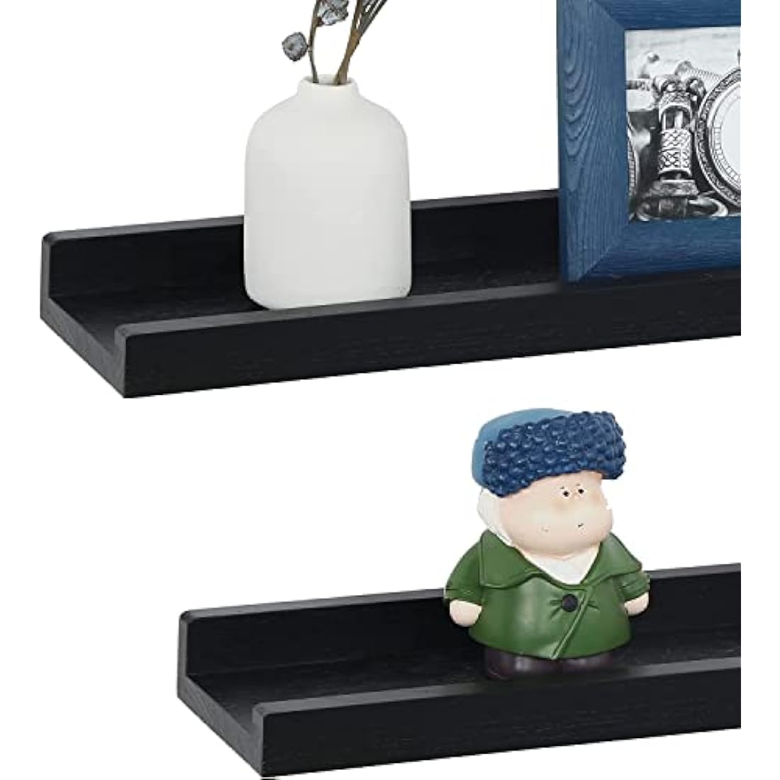 PHOENANCEE Solid Wood, 43cm Wall Picture Shelves Ledge, Rustic Wood Ledge Shelves, Decorative Photo Shelf For Living Room, Kitchen, Bedroom, Books, Set of 2,Black