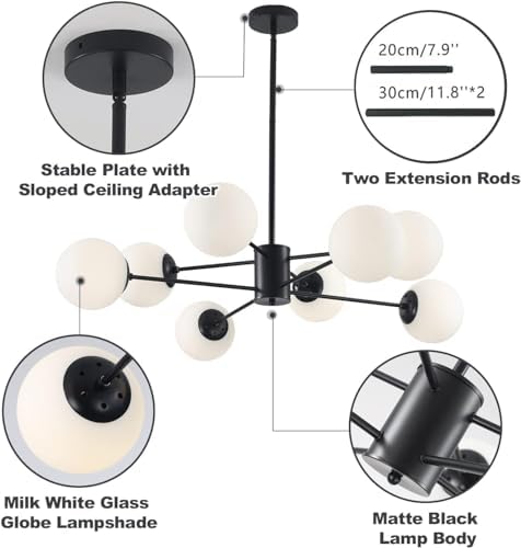 KCO Lighting Black Sputnik Chandeliers Ceiling Mount 8-Light Glass Ball Sputnik Chandelier Mid Century Modern Chandelier Light Fixture Kitchen Island Sputnik (Black+White)