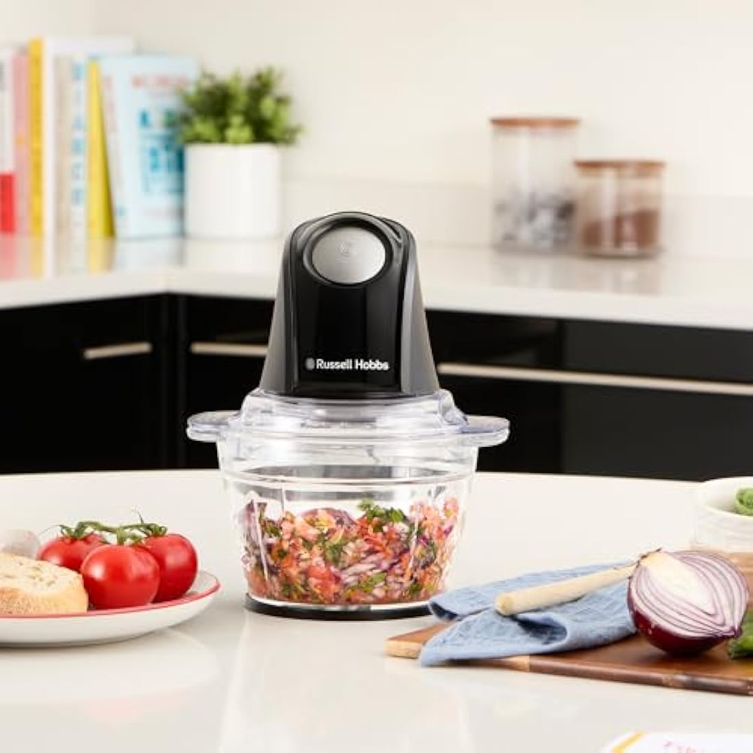 Russell Hobbs Food Processor [Mini Chopper] Electric Dicer (For Vegetables, Fruit, Meat, Garlic, Onion, 1L Bowl, Dishwasher Safe, 2 Speeds,Stainless Steel Blades, 350 peak power) Matte Charcoal 27131