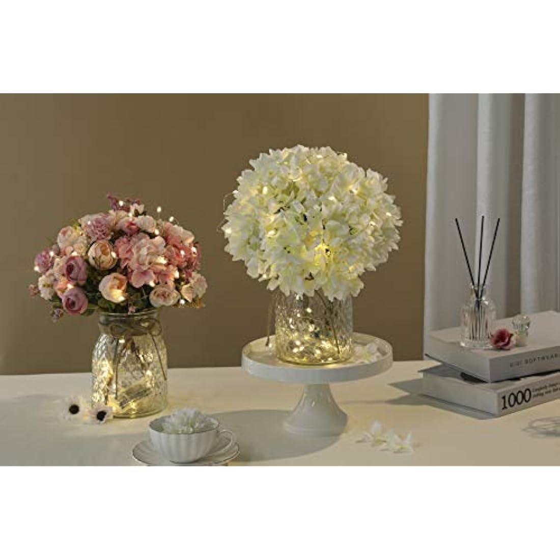 KELINGO Artificial LED Pink Rose Flowers with Glass Vase, Flower Arrangement for Table Centerpiece, Home Office Wedding Decoration