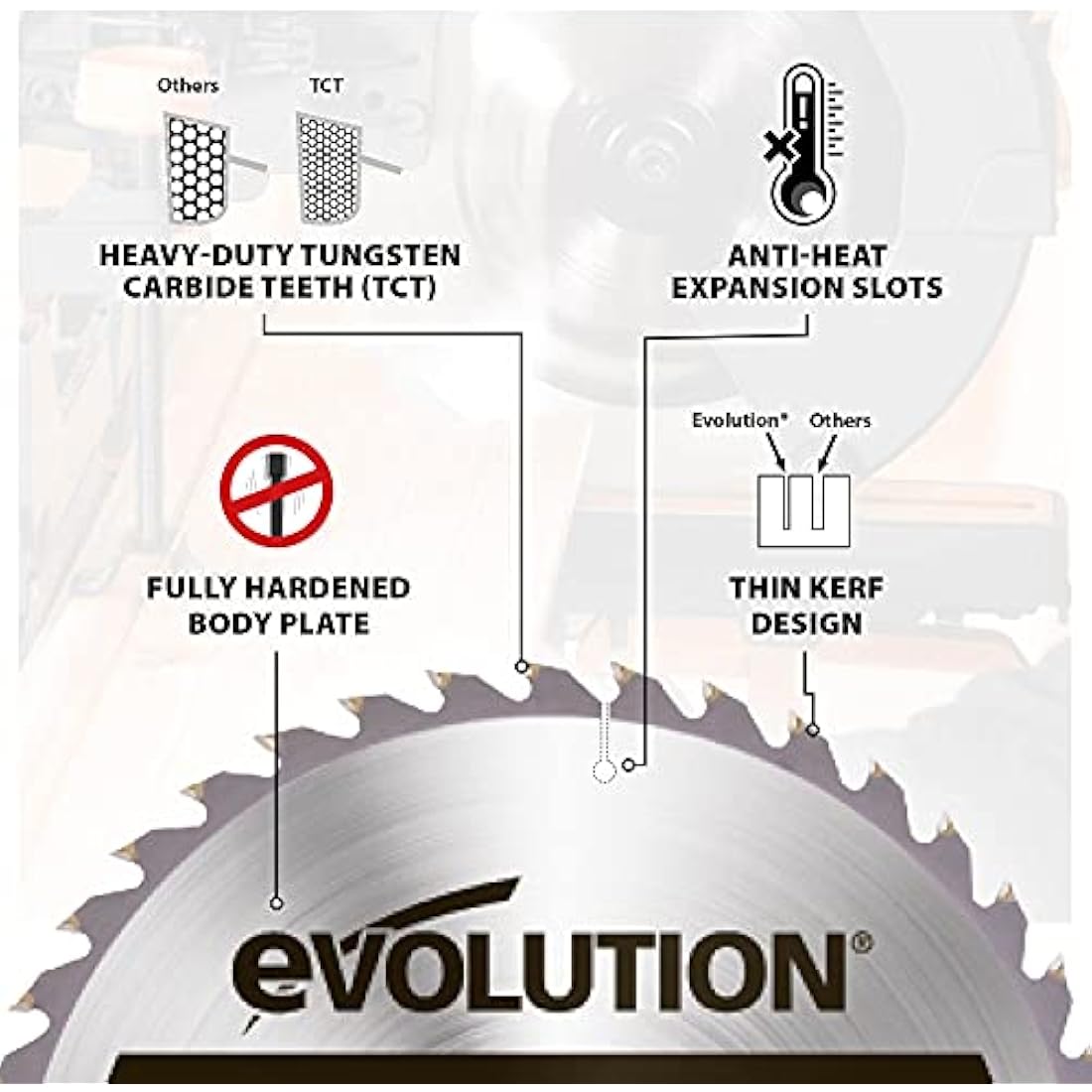 Evolution Power Tools GW355TCT-60 General Wood Carbide Tipped TCT Blade, For Chop Saws, Smooth and Fast Cuts In Wood, Clean, Splinter Free Cut, 60 Teeth, 355 mm
