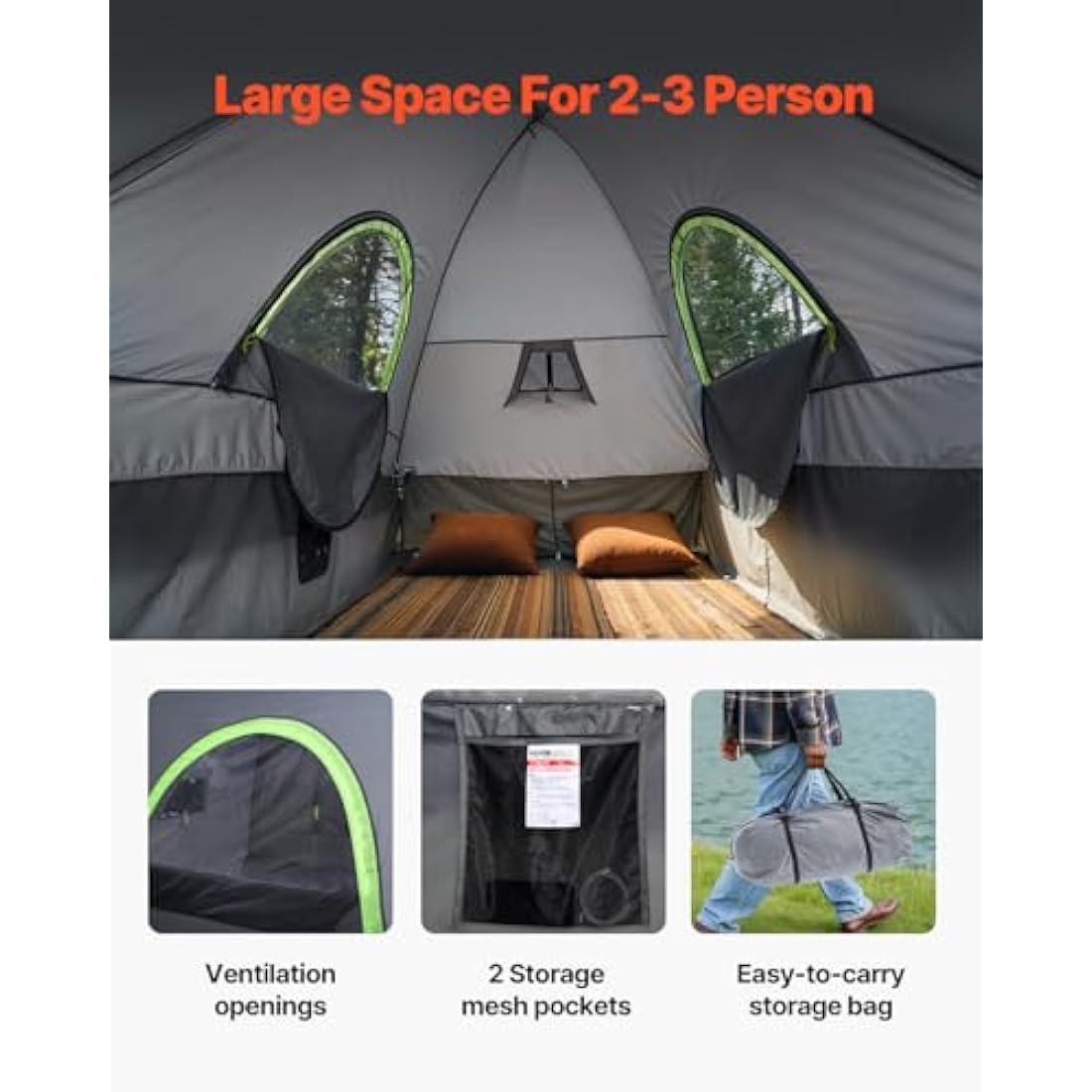 VEVOR Waterproof PU2000mm Spacious Double Layer Design, SUV Camping Tent with Shade Awning and Mesh Windows, Includes Rainfly and Storage Bag