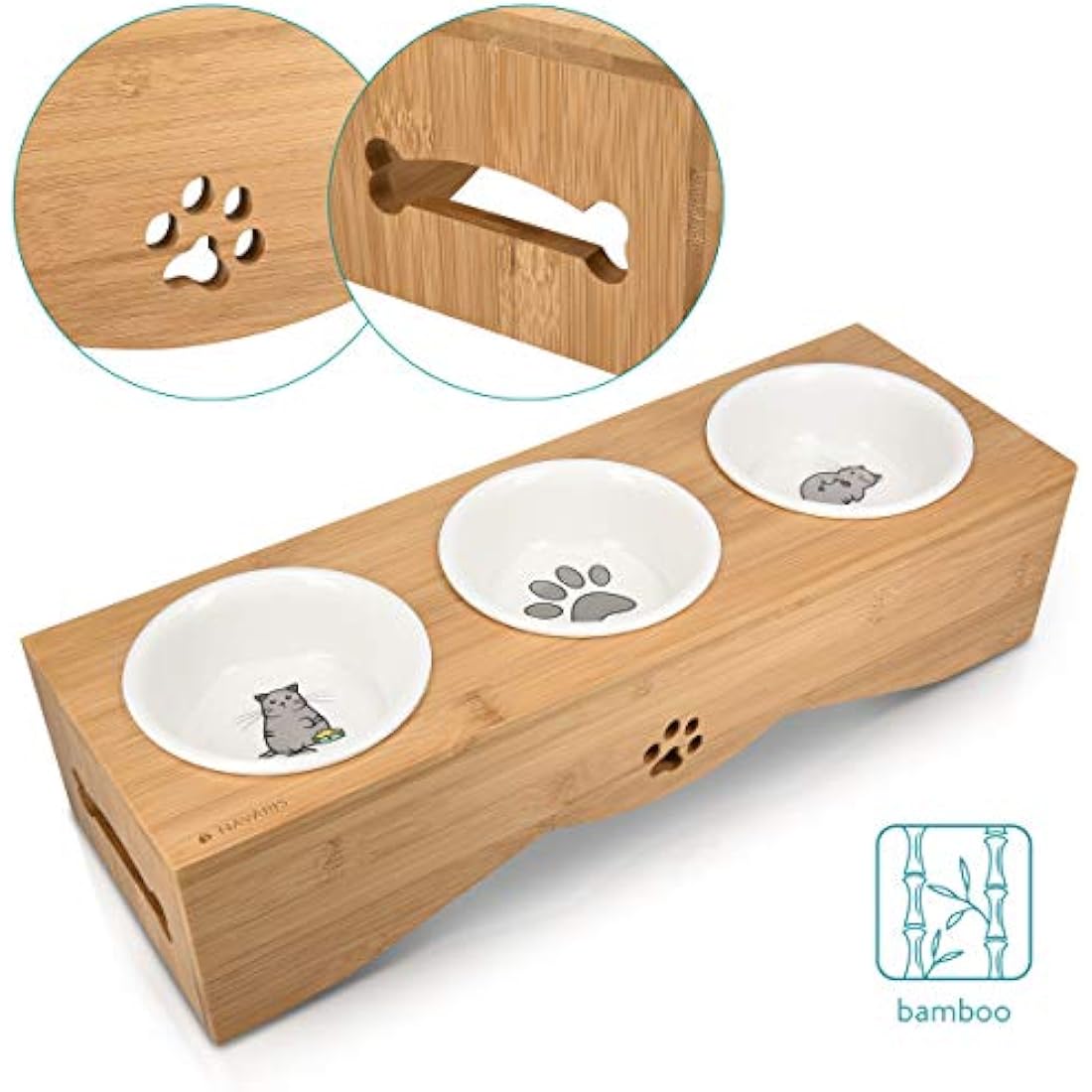 Navaris Raised Cat Bowls - Elevated Triple Cat Food Bowl Feeder - Ceramic Feeding Dishes with Bamboo Stand - 3 Dish Feeding Station Set with Printed Designs