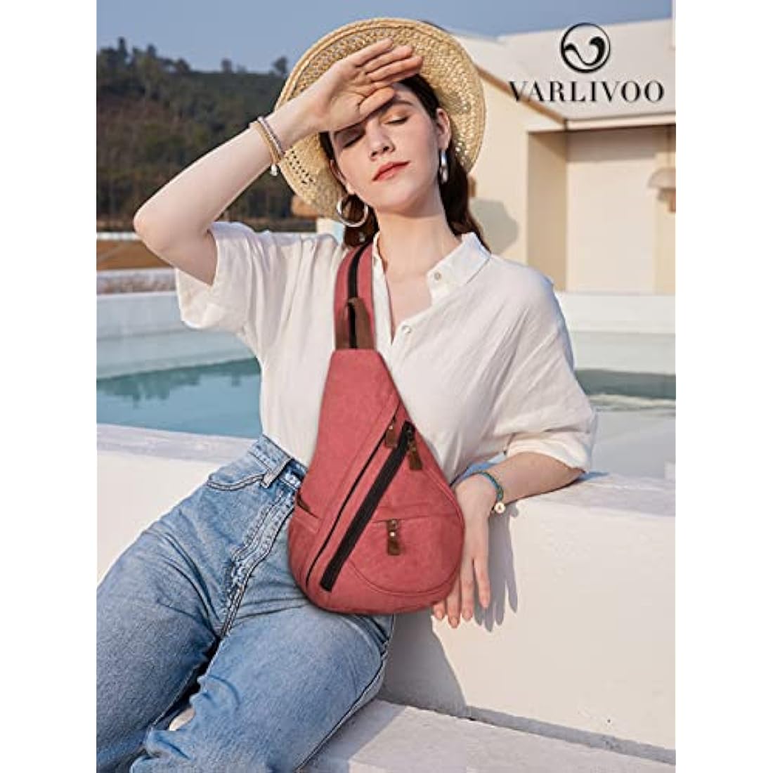 VARLIVOO Men's Sling Bag Chest Bag Women Shoulder Bags Crossbody Bag Travel Hiking Mountaineering Camping Cycling School Canvas Daypack Sling Backpack Rose Red