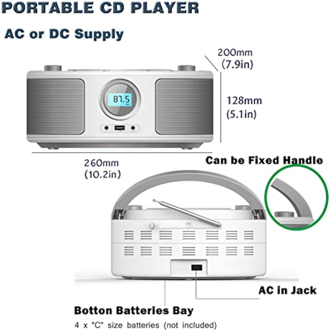 WISCENT Portable CD Player with Bluetooth Boombox, FM Radio Stereo Sound, USB, 3.5mm AUX Port & Headphone Jack, Mains or Battery