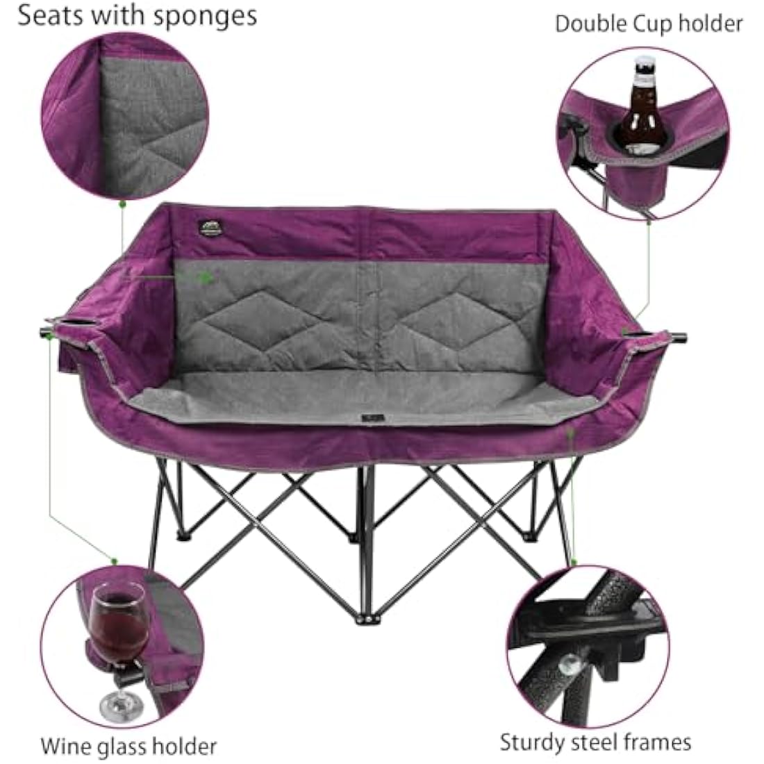 LANMOUNTAIN Folding Loveseat Camping Chair, Portable Double Chair w/Cup Holder,Wine Glass Holder,Carry Bag Heavy Duty Lawn Chair for 2 Adults,Perfect for Camp,Hiking,Picnics and Beach Trips,Purple