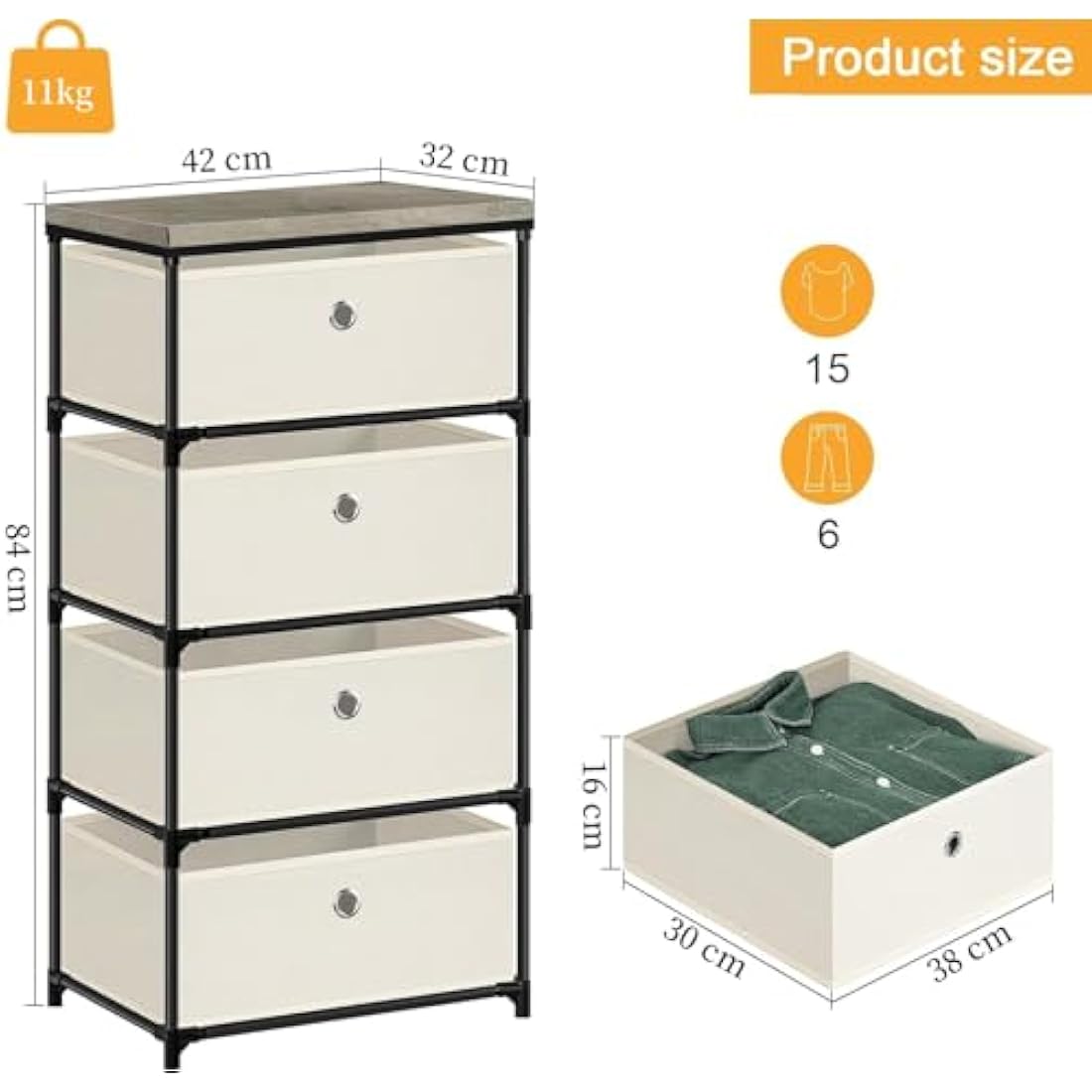 LIANTRAL 4 Tier Chest of Drawers, Metal Frame Vertical Fabric Dresser, Large Capacity Storage Organizer Unit for Bedroom, Living Room, Hallway and Closet, Off-white