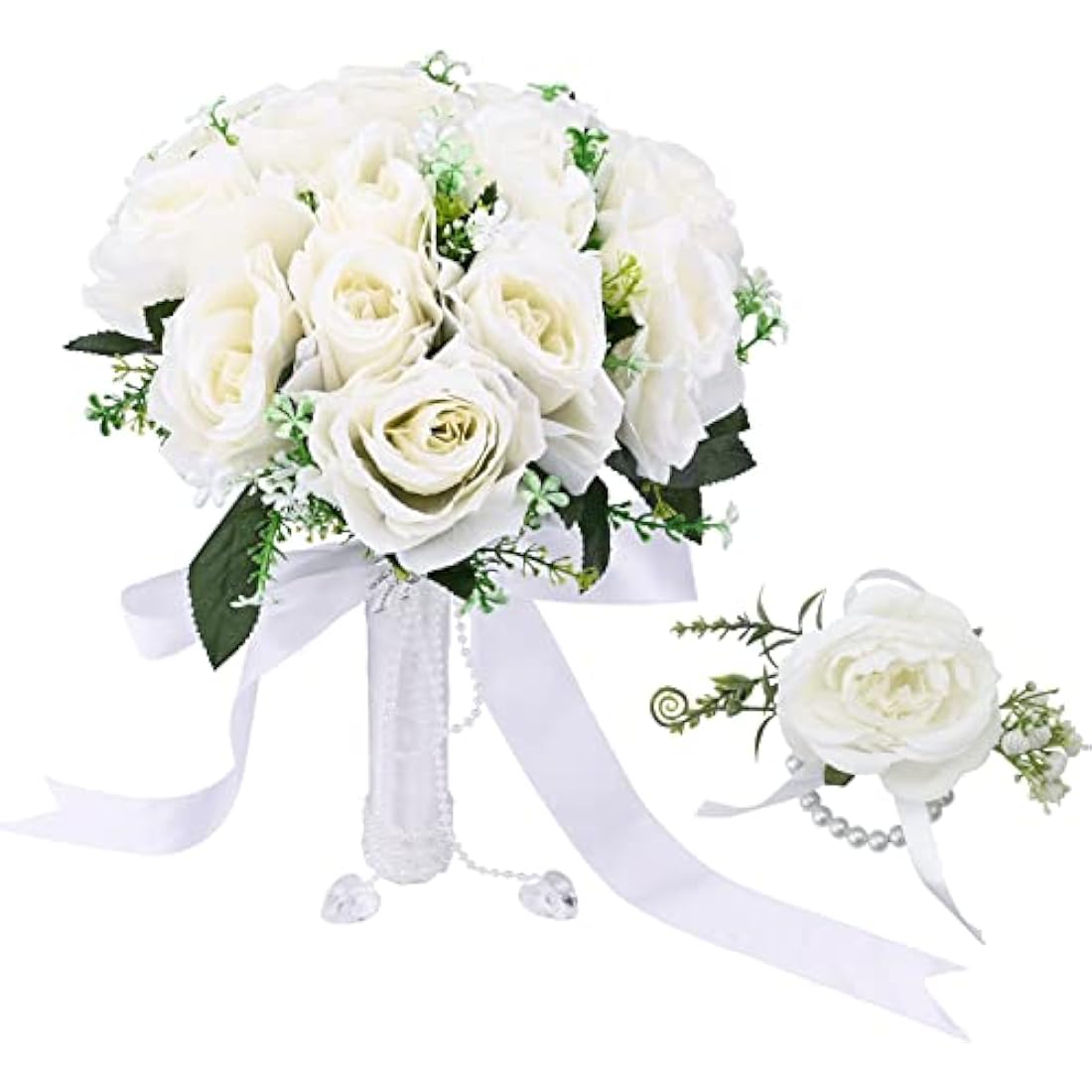 Gukasxi Bridal Bouquet Artificial Rose and Wrist Flower - Wedding Bouquet for Bride and Bridesmaid, Romantic Artificial Flowers for Valentine's Day, Confession Party, Church