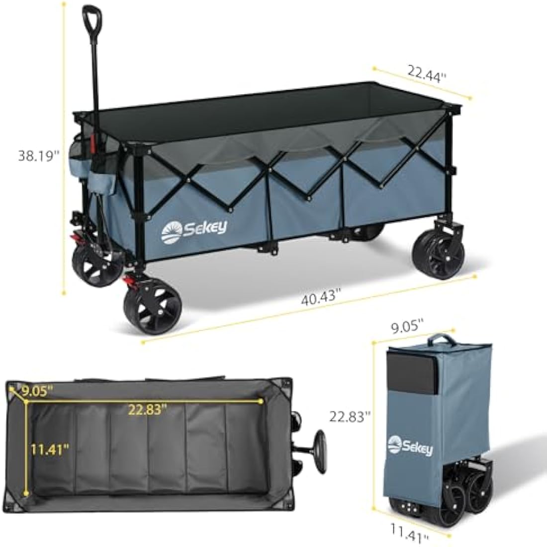 Sekey 300L Ultra-Large Folding Festival Trolley - All-Terrain Extra Wide Wheels and Brake, Heavy-Duty Cart Loadable up to 150KG, Patented Four-Directional Foldable Design, Collapsible Wagon, Blue&grey