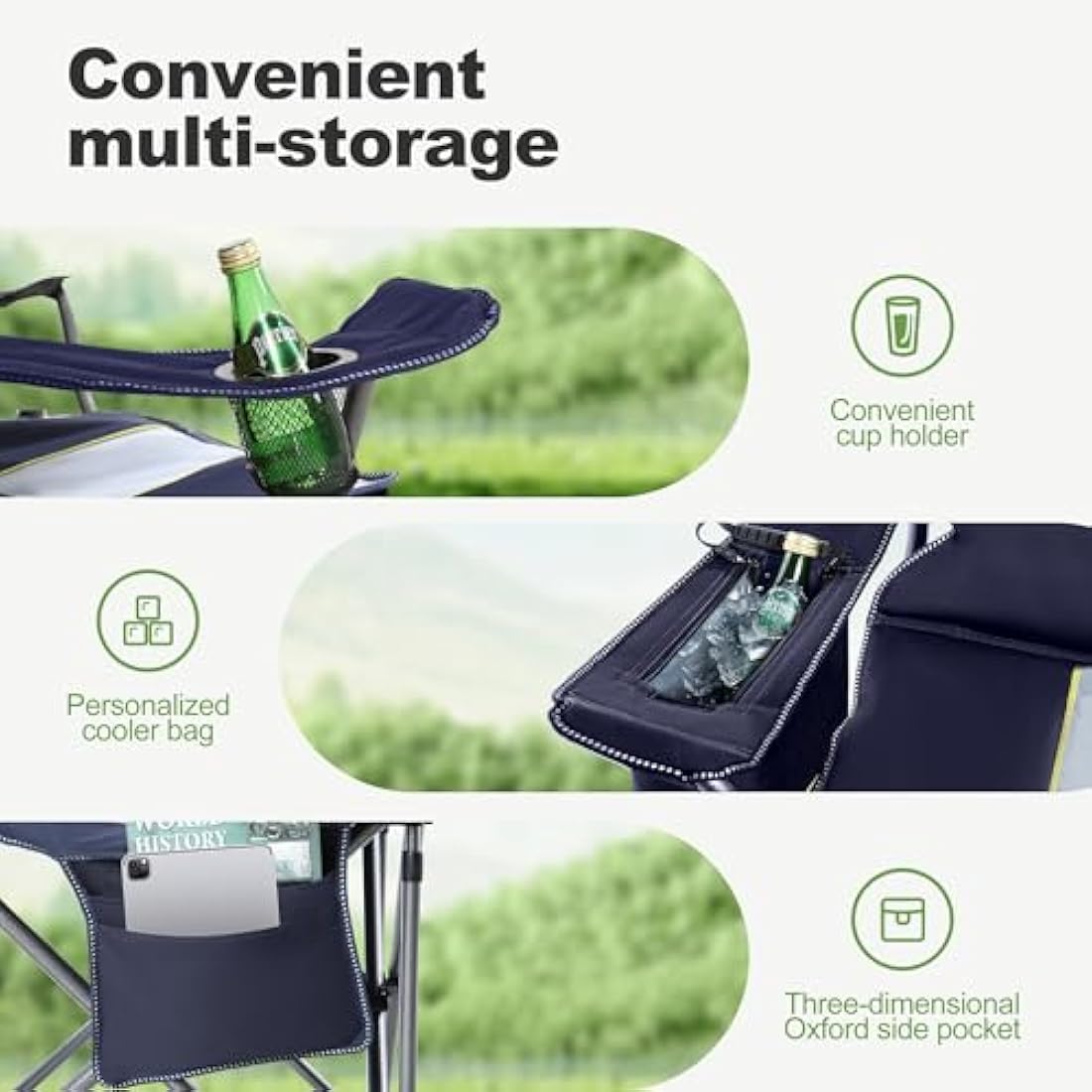 LET'S CAMP Folding Camping Chair Oversized Outdoor Chair with Drink Holders Cooler Bag, Support 200kg