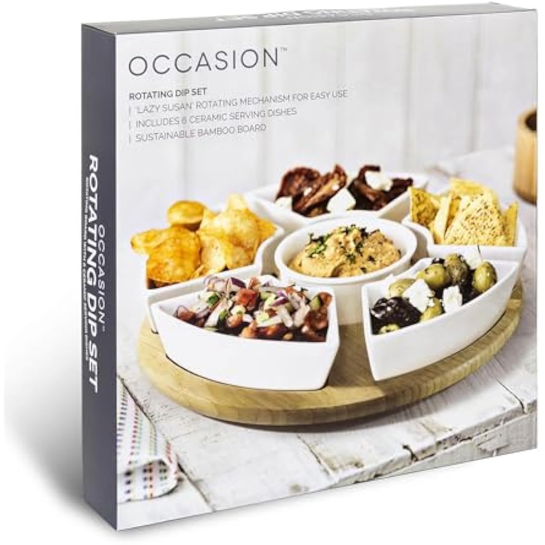 Occasion Rotating Lazy Susan Dip Set with 6 Ceramic Dishes in Colour Box