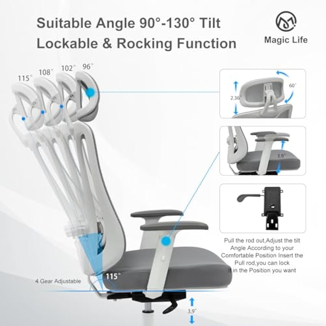 Magic Life Ergonomic Office Chair, 4 Gear Adjustable Home Desk Chair,Adjustable Lumbar Support with Thickened Cushion,3D Headrest & Comfortable Armrest Computer Chair