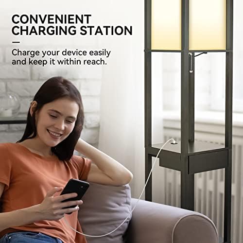 PULUOMIS Floor Lamp with Shelves, 3 Tier Storage Standing Lamp with LED Bulb, 2 USB Charging Ports and 1 Drawer, Modern Reading Lamp for Living Room, Bedroom, Office, Home Decoration, Black
