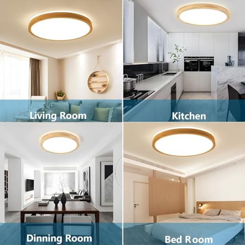 YYUTLUO LED Ceiling Light Wood, Top 360 Glow Round Natural Wooden Lamp | Dimmable with Remote Control 2700K-6500K, 36W | Living Room, Dining Room,