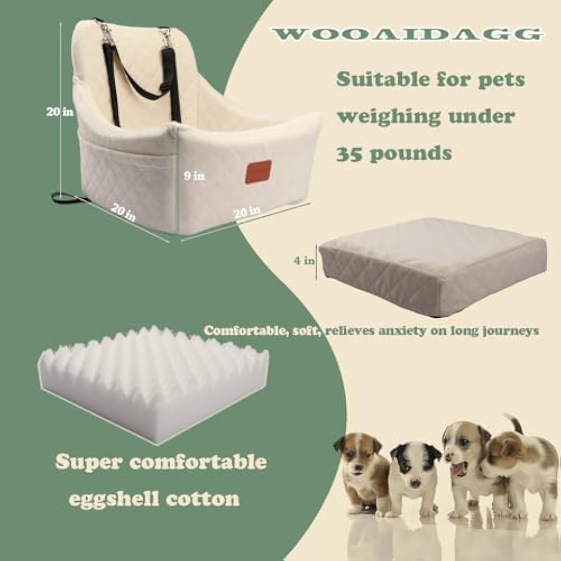 WOOAIDAGG Dog Car Seat for Medium Sized Dog,Pet Travel Car Bed with Seat Belt Channel,Fully Detachable and Washable Car Dog Seat with Adjustable Straps,3 Straps Easy to Install (Beige)