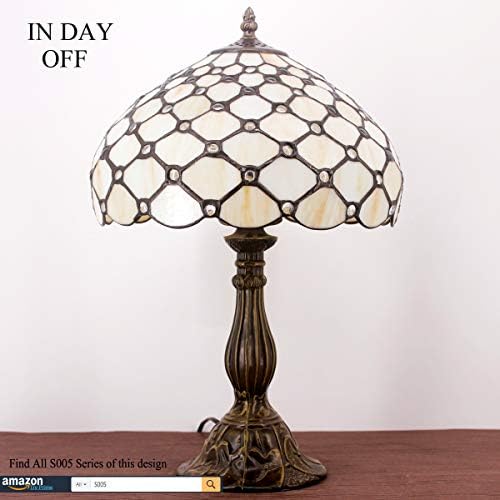 WERFACTORY Tiffany Lamp Cream Amber Stained Glass Bead Table Lamp Desk Bedside Reading Light 12X12X18 Inches Deco Bedroom Living Room Home Office S005 Series