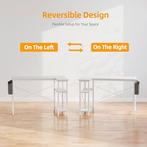 BEXEVUE L Shaped Corner Desk - 120x70 cm Study Office Gaming Desk, Computer Desk Small Writing Table, Large Reversible Storage Shelves, Bookshelf