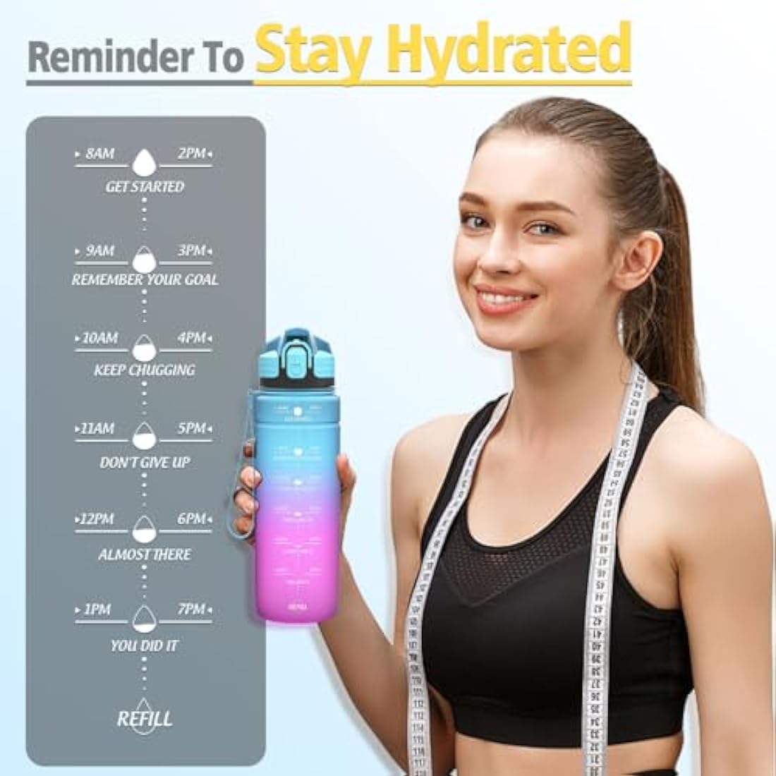 Niggeey 500ml & 700ml & 1000ml Motivational Water Bottle with Time Marker, Sports Water Bottles, Leak Proof BPA Free Tritan Drink Bottle for Kids, Men, Women, Running, Cycling, School, Gym and Sport