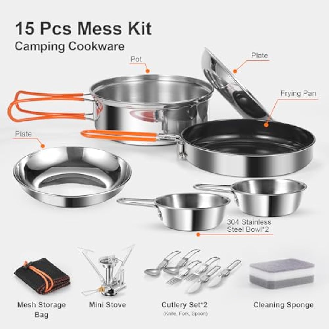 Odoland Camping Cookware Kit, Ceramic Non-Stick Cooking Set with Plates, Bowls, Forks, Knives, Spoons for Camping, Backpacking, Hiking, Picnics