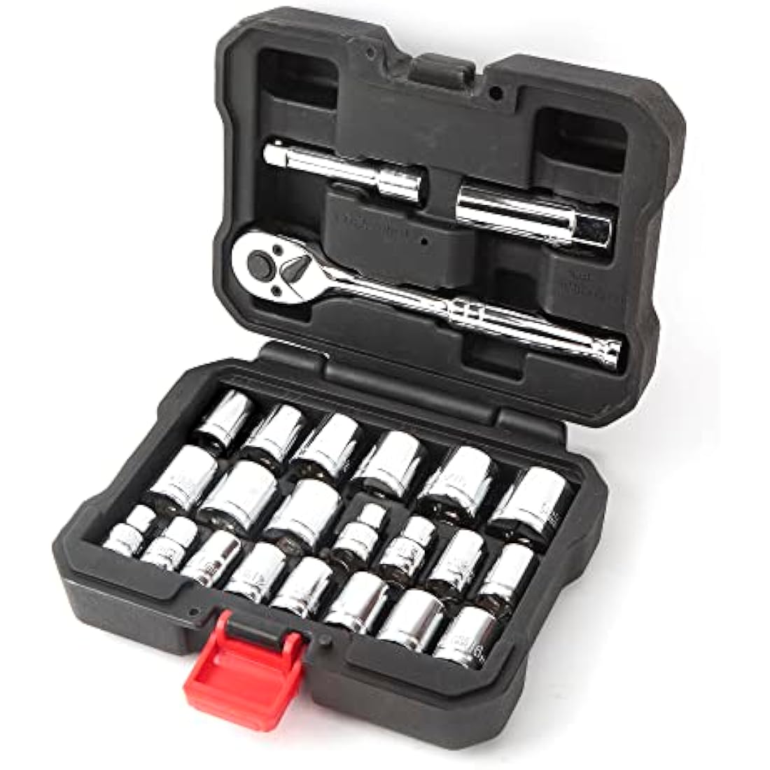 WORKPRO 24PC Socket Set 3/8" Ratchet Drive Sockets Wrench, 11pc Metric & 10pc SAE Sockets, Extension Bar Spark Plug Rachet Set Spanners with Blow Molded Case