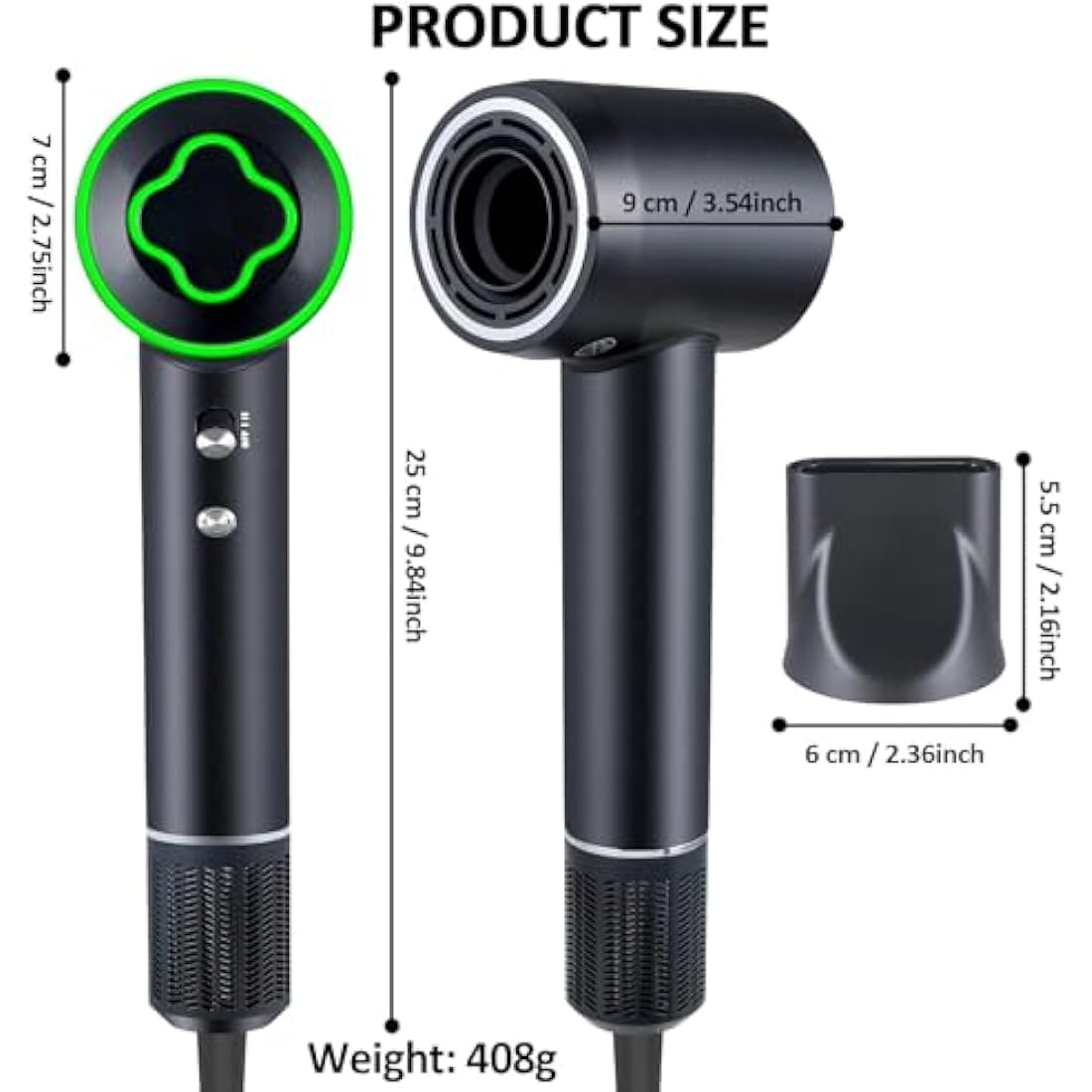 ZCYLPT Hair Dryer, 200 Million Negative Ionic Hairdryer, 1600W High Speed Brushless Motor 110,000 RPM Travel Hairdryers for Women Men Pet（Black）