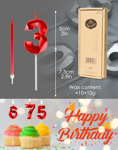 Red 10th Birthday Candles Set, Number 10 Candle with Red Long Candles, Birthday Candles for Cake, Birthday Candle, Cake Candles Cake Topper Decorations for Boys Girls Men Women Birthday Party Wedding