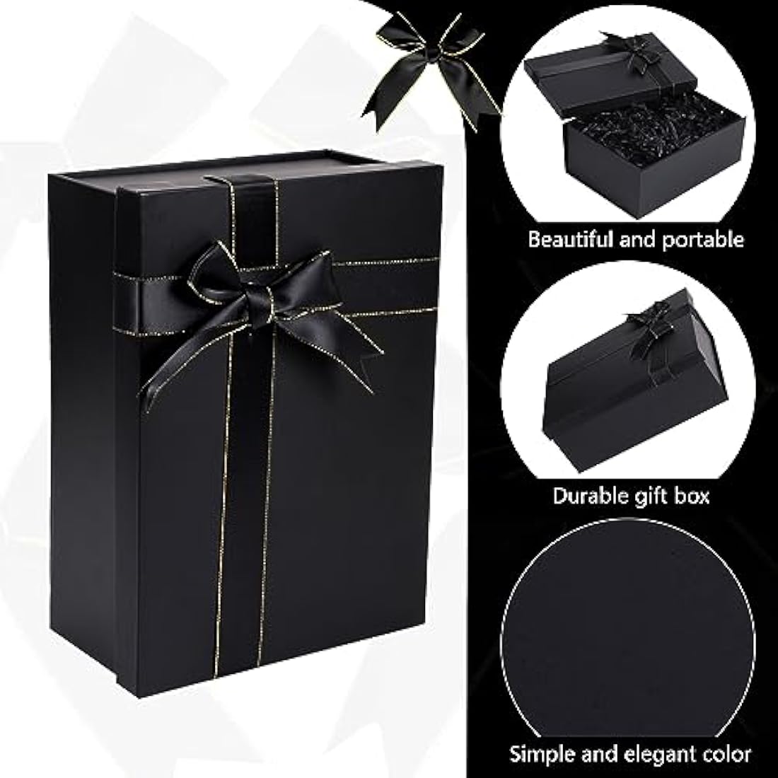 Black Gift Box, Luxury Gift Boxes with Lids Ribbon Greeting Card Shredded Paper and Paper Gift Bag Jewellery Gift Boxes for Valentines Day Presents Birthdays Wedding Anniversaries(22 * 16 * 8.5cm)