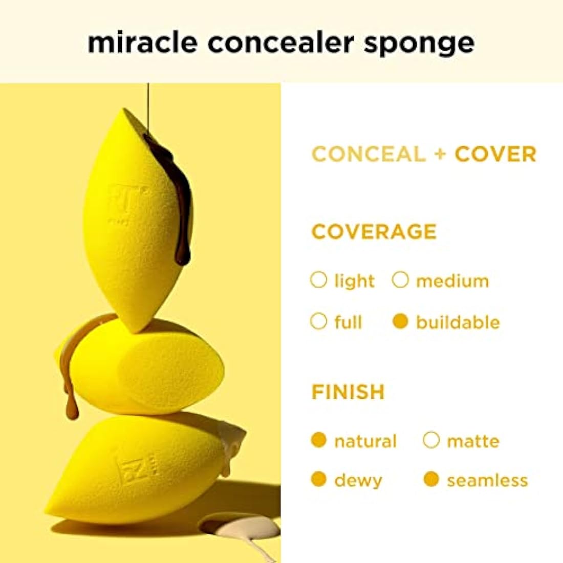 Real Techniques Miracle Concealer Sponge, Makeup Blending Sponge For Liquid and Cream Concealer, Elongated Shape For Precise Application Under Eyes and Tight Areas,1 Count