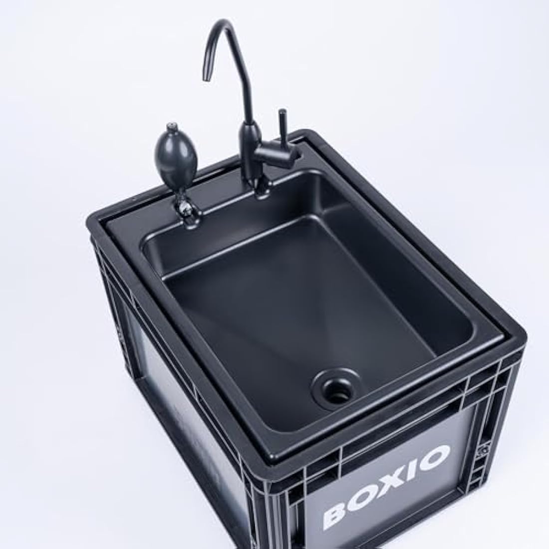 BOXIO - WASH Plus: Mobile Sink with Hand Pump, Shower Head, Mirror & Cleaning Beads - Van, Camping, Garden Sink with Tap, Plastic, Black
