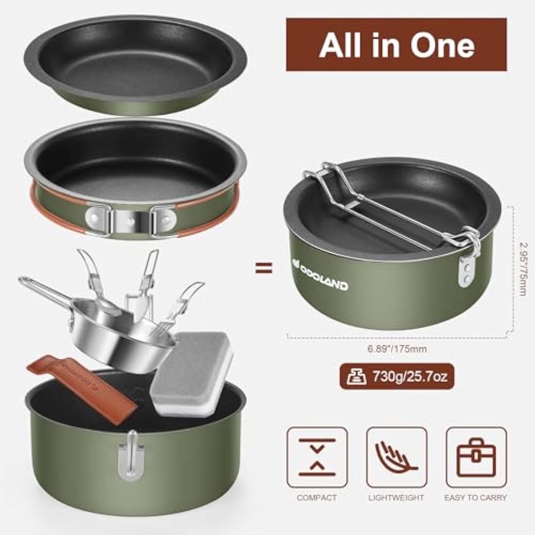 Odoland 10 pcs Camping Cookware Set, Non-Stick Lightweight Cooking Set with Plates Bowls Forks Knives and Spoons - Perfect for Backpacking, Camping, Hiking and Picnicking Green
