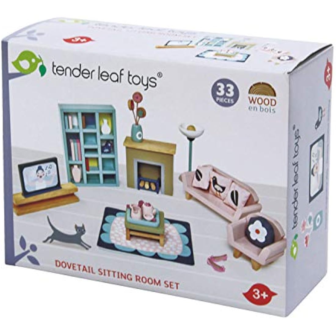 Tender Leaf Toys Dolls House Sitting Room Furniture - Wooden Sitting Room Furniture with Fireplace, Bookcase, TV, Sofa, Chair and Coffee Table for Dolls 10-12cm Tall