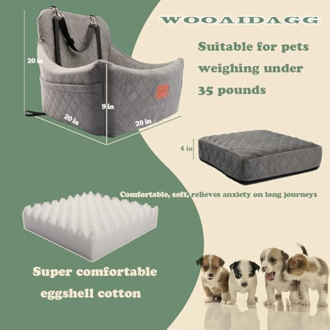WOOAIDAGG Dog Car Seat for Medium Sized Dog,Pet Travel Car Bed with Seat Belt Channel,Fully Detachable and Washable Car Dog Seat with Adjustable Straps,3 Straps Easy to Install (Grey)
