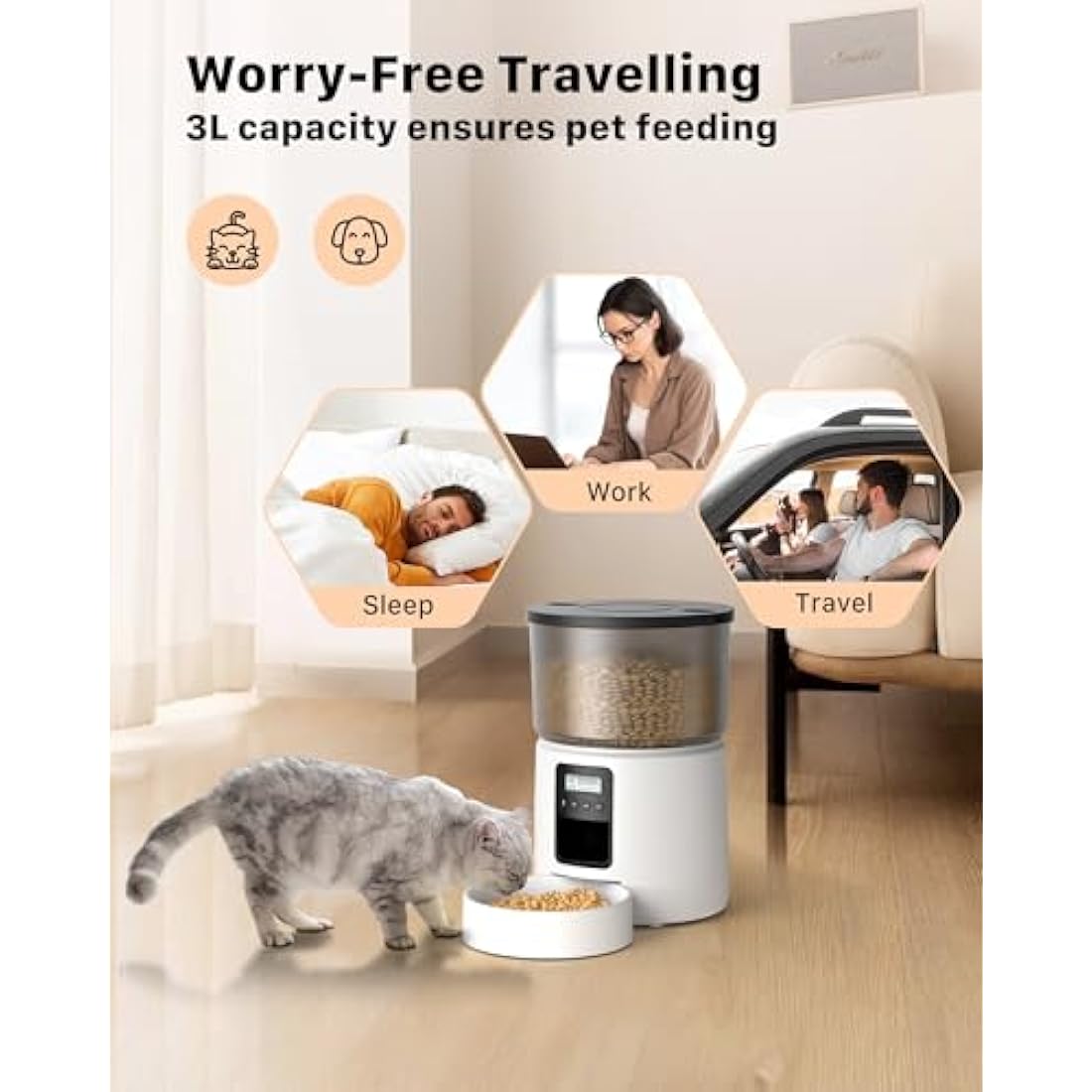 BEMOONY Automatic Cat Feeder, Cat Food Dispenser with 1-6 Meals, Customized Feeding Schedule for Cats & Dogs, Dual Power Supply, Double Lock, 10s Voice, 3L Pet Feeder Including Desiccant Bag, White