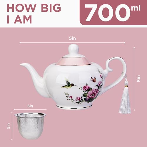 London Boutique teapot with Infuser - Tea Pot infusers for Loose Tea -700ml Capacity Perfect 2 Cup teapot -Easy Grab Handle Teapots (Rose Bird Butterfly Pink)
