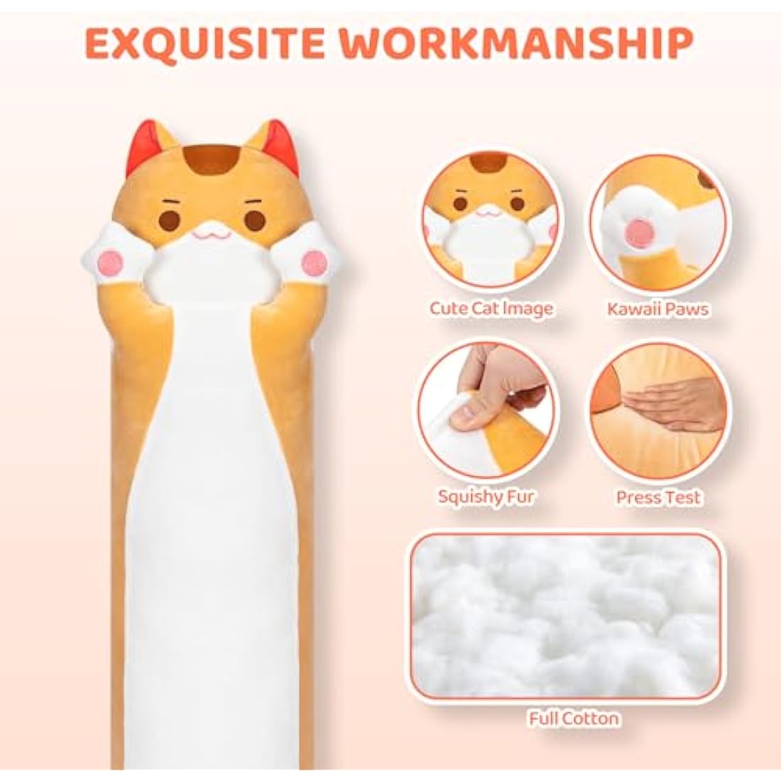 Mewaii 44in Long Cat Plush Pillows Stuffed Animals Squishy Pillows Plushie Cute Kitty Sleeping Hugging Plush Pillow Soft Toys for Kids(Orange) Brown Cat Body Pillow