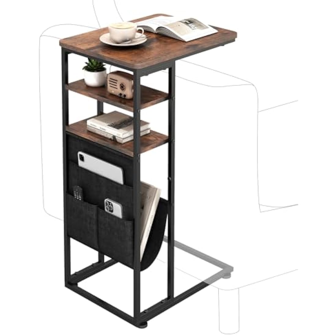 ZEXVIDA C Shaped Side Table, 3 Tier Sofa End Tables with Storage Bag, Sturdy Slide Under Sofa Slim Side Tables with Metal Frame for Small Spaces, Living Room, Bedroom, Industrial (Rustic Brown)