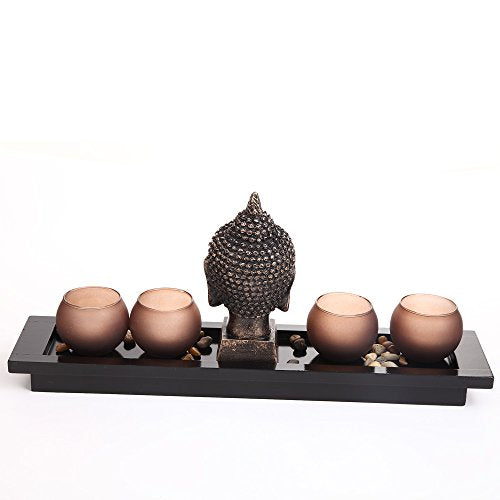 London Boutique Zen Garden Thai Buddha Head Ornament Statue Candle Holders Gift Set