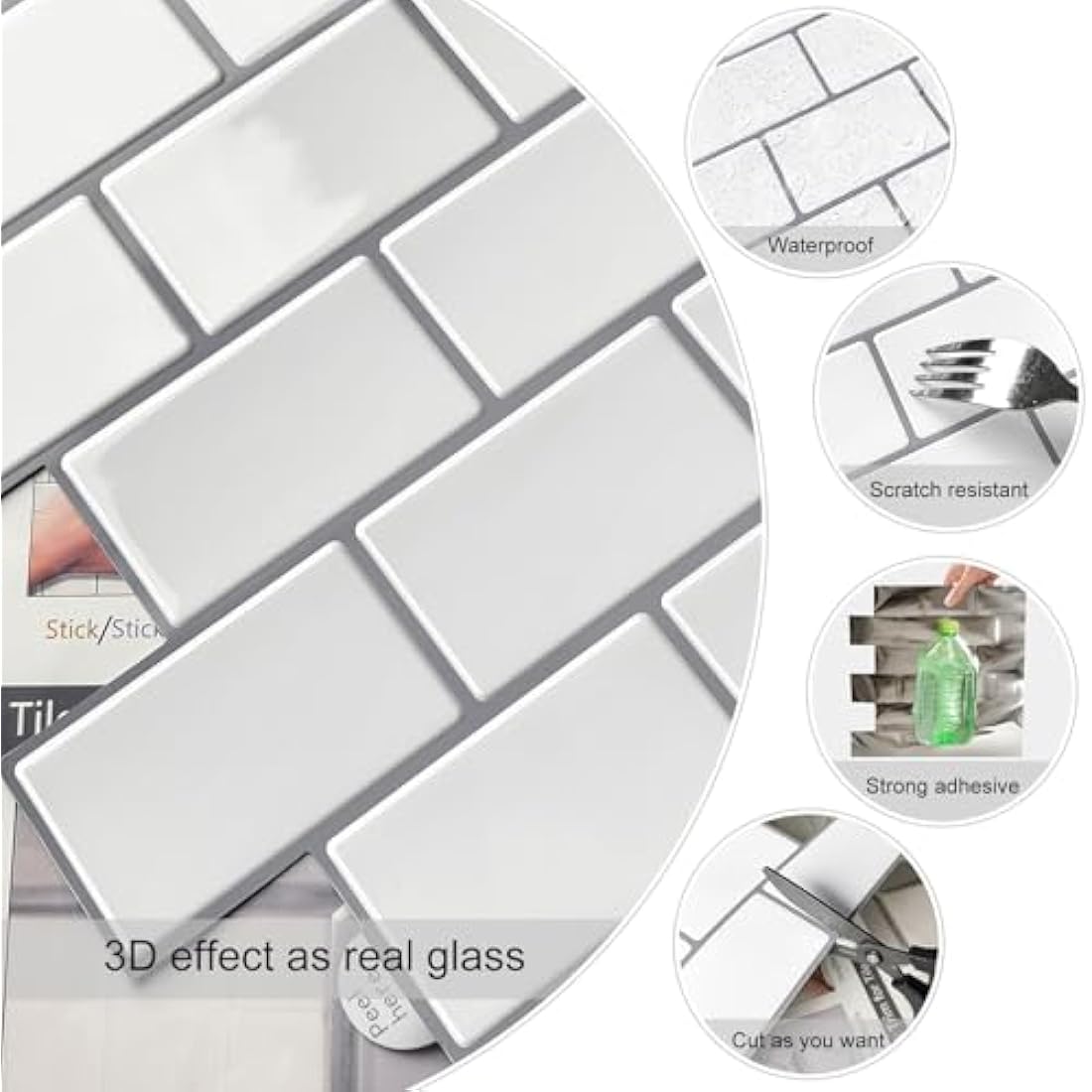 WoStick Peel and Stick Wall Tiles (10-Sheets), Subway Self Adhesive Wall Tiles Tile Stickers Backsplash for Kitchen Bathroom Home Decoration White(30.5x30.5cm)