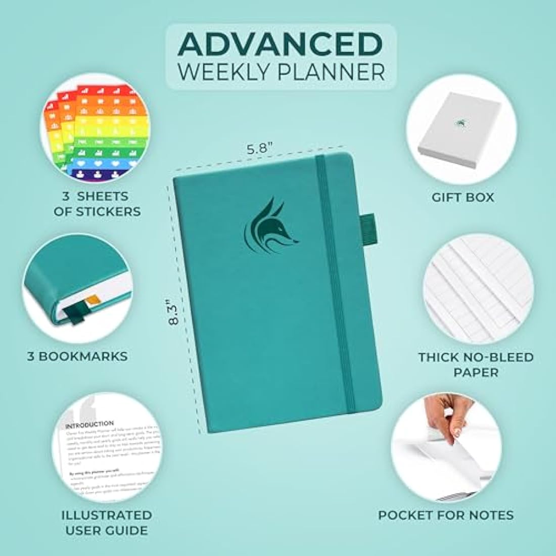 Clever Fox Advanced Weekly Planner – Undated Life Goal Planner for Daily Productivity & Time Management – Day Organizer Journal – Hardcover A5, Turquoise