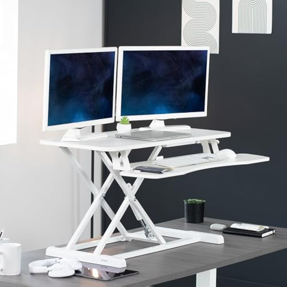 VIVO 91 cm Desk Converter, K Series, Height Adjustable Sit to Stand Riser, Dual Monitor and Laptop Workstation with Wide Keyboard Tray, White, DESK-V036KW