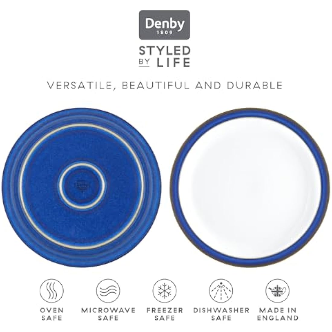Denby - Imperial Blue Dinner Plates Set of 2 - Dishwasher Microwave Safe Crockery 26.5cm - Blue, White Ceramic Stoneware Tableware - Chip & Crack Resistant Large Plates