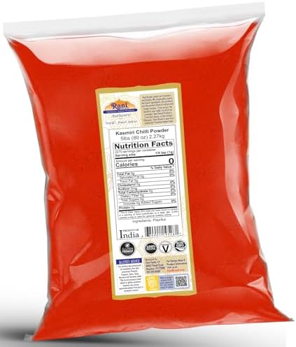 Rani Kashmiri Chilli Powder (Deggi Mirch, Low Heat) Indian Spice 80oz (5lbs) 2.27kg Bulk All Natural | Salt-Free | Kosher | Vegan | Gluten Friendly | Perfect for Deviled Eggs & Other Low Heat Dishes