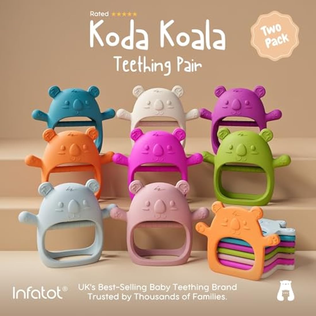 Infatot® Teething Toys for Baby Gifts – 2-Pack Koda Koala Teether Mitten Glove, Soothing Hand Teethers for Infants, Baby Toys 0-6 Months and Up, Newborn Essentials for Teething Relief, Deep