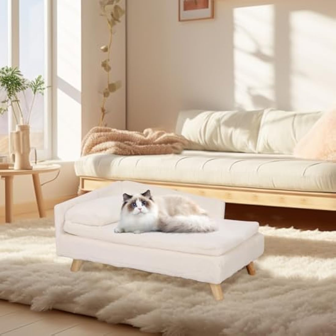 BingoPaw Elevated Dog Sofa Bed: L Shaped Raised Dog Lounger Couch with Durable Wooden Legs - Nordic Plush Fur Pet Chair Bed with Soft Removable Cushion Mat and Pillow M(70x40cm