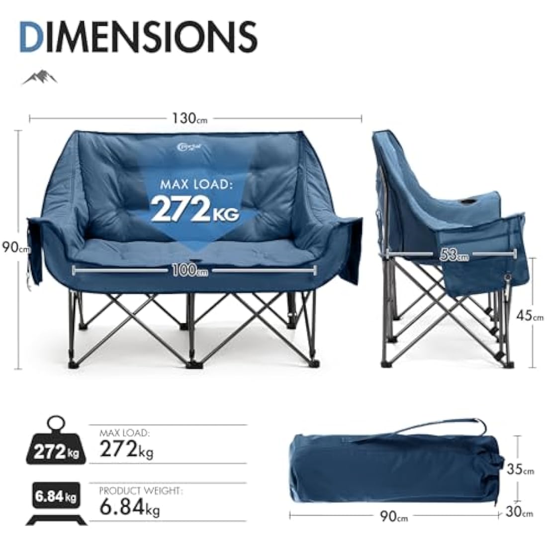 Portal Double Camping Chair Padded Folding Camping Sofa for Adults Large Quilted Love Seat Luxury Fodable Tub Chair Deluxe Moon Chair Collapsible Giant Festival Garden Lawn Picnic Load 272KG