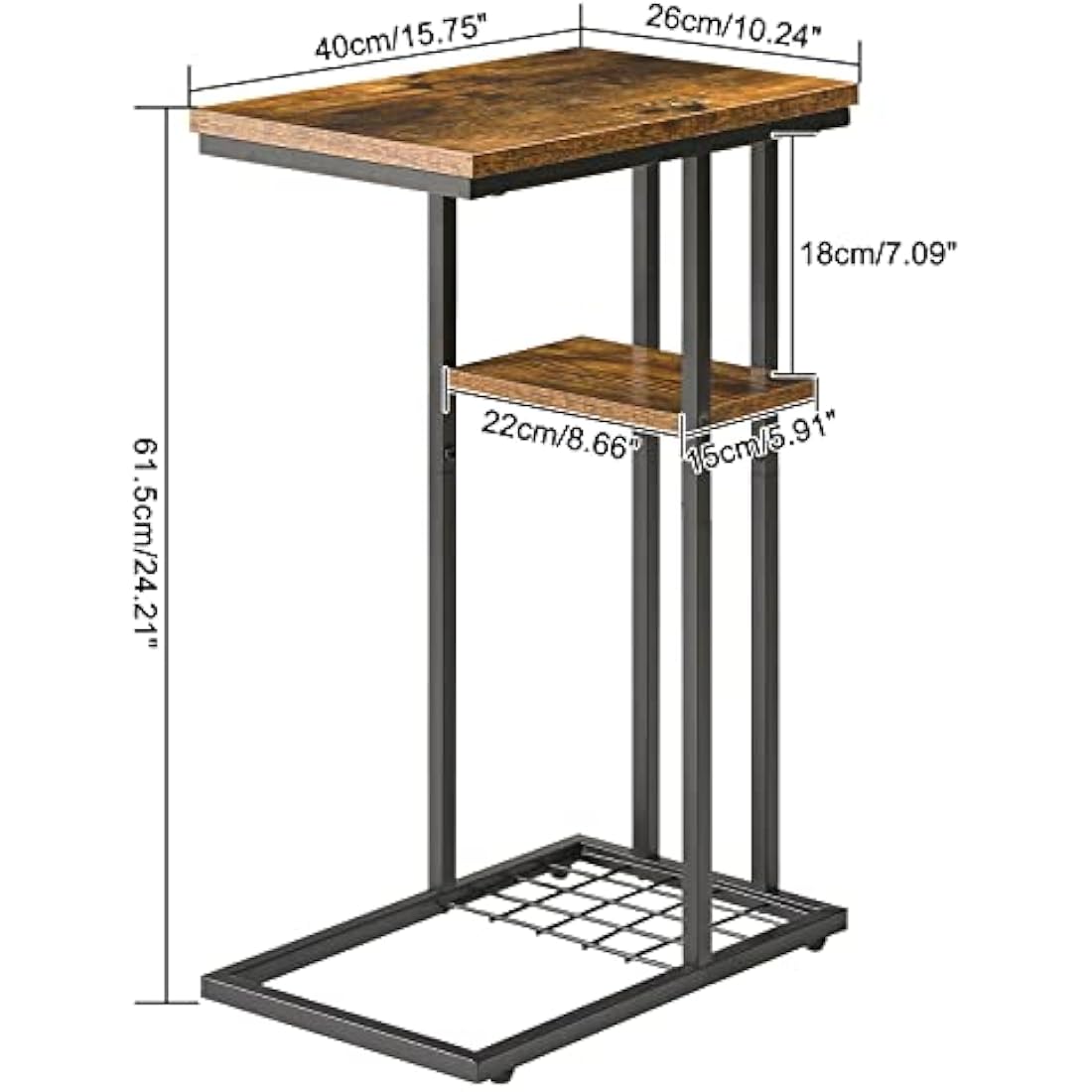 YMYNY C-Shaped End Table Set of 2, Side Table for Sofa and Bed, Coffee Table for Small Spaces, Living Room, Bedroom, Industrial Small Table with Storage Shelf and Metal Frame, Rustic Brown, HST004H-2